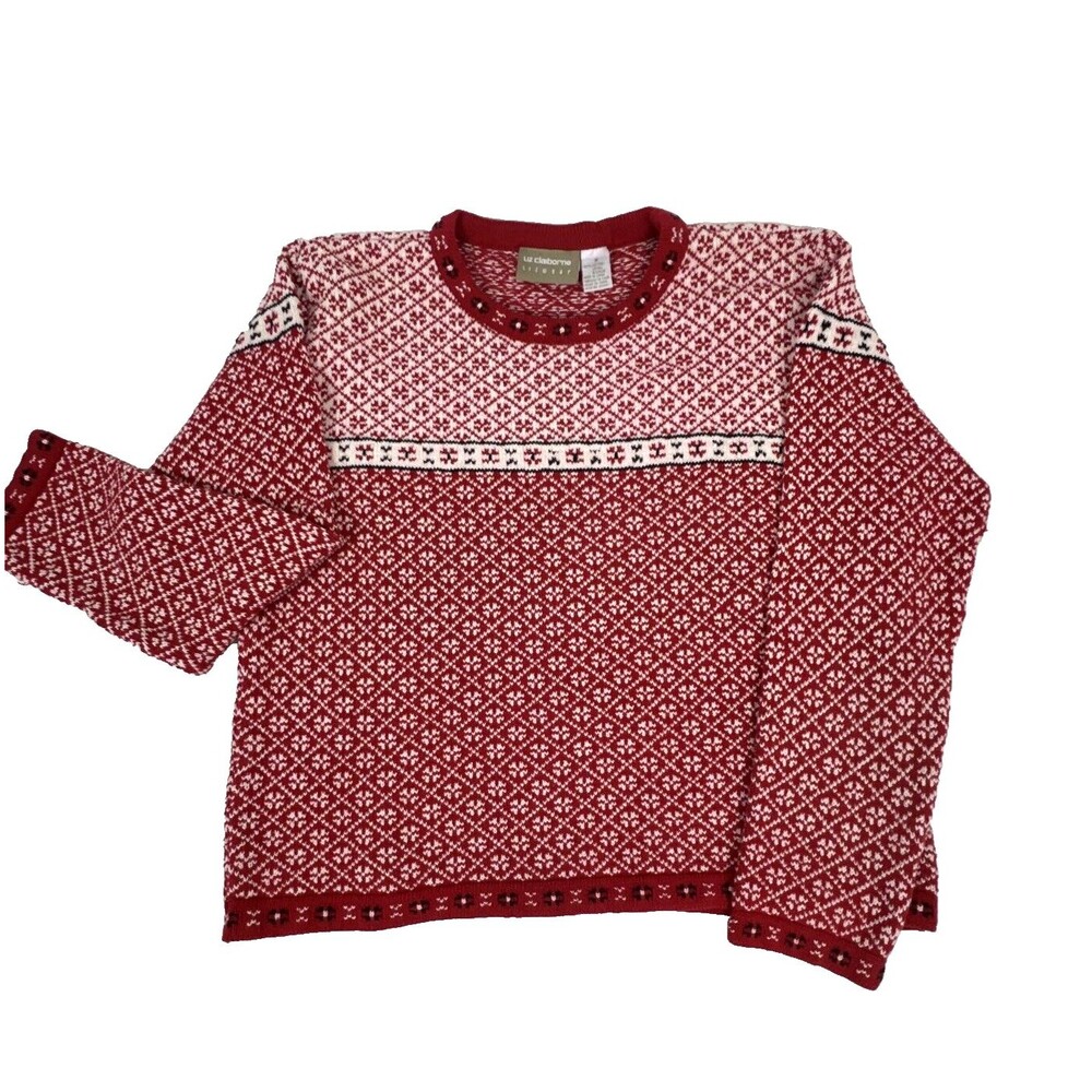Liz Claiborne Red & White Crewneck Sweater Fair Isle Cotton Holiday Sz Med